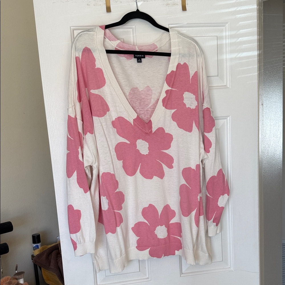 Torrid Pink and White Floral V-Neck Sweater